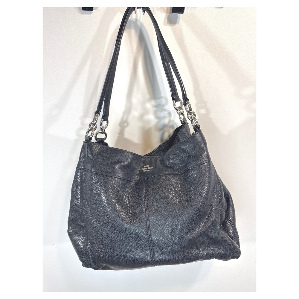 Coach F57545 Lexy Black Pebbled Leather Shoulder Bag Chain Detail Hobo Purse